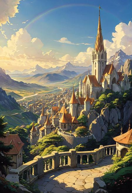 (studio ghibli drawing), (studio ghibli painting),best quality, masterpiece, extremely detailed,  professional  art,  professional painting, an extremely delicate and beautiful, dynamic,  great lighting, perfect shading, professional shading, depth of field,   side soft light, elegant, gorgeous, highly detailed,   full shot, uncropped,   pure genious, absolutely perfect,  highly detailed, breathtaking,  overlooking a beautiful landscape there is a beautiful circular elven city visible in the distance , its buildings are made from marble and glass and it glitters and shines in the rays of the sun, there is a tall spire in the middle of the city and there is a white mountain range at the horizon