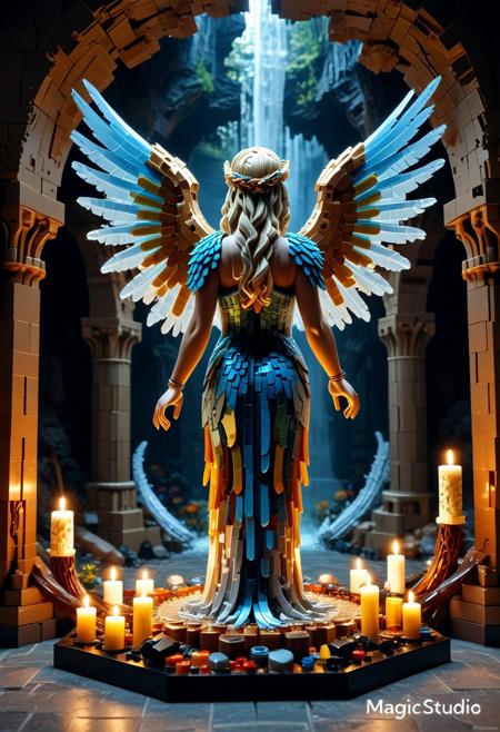 masterpiece, best quality, amazing quality, very aesthetic, realistic, fisheye lens:0.7,  (depth of field), LEGO, LEGO stalactites, 
Dark room, candles, cave walls made of crystal and translucent LEGO, scenery made of roots and LEGO, fantasy \(theme\), (side view:1.4), 
Statue of winged woman, visible face,  made of LEGO, dynamic pose,
open arms, arched back, open hands, bent wings made of LEGO plumes,  greek ((long)) flowing toga, (((sfw))), one foot behind,
(no people in the background),
