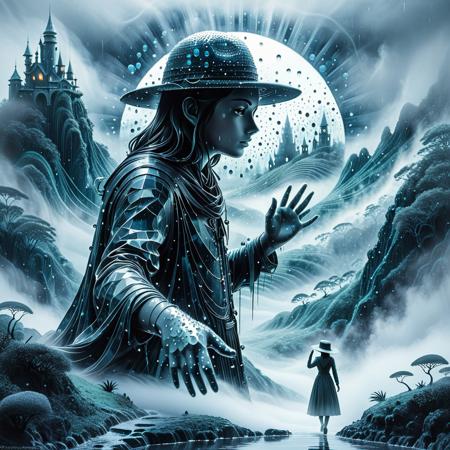 Fractangles, made out of fractangles, Studio Ghibli Dark Fairytale,
The image shows a large hand, the outline of which is blurred and superimposed on a foggy background, creating a surreal and dreamlike atmosphere. The hand is transparent, allowing you to see through it a human figure walking on a hill within the palm of your hand. The figure appears to be wearing a hat, and it is positioned in the center of the hand, creating a sense of scale and perspective. The background is a mixture of fog and water droplets, which gives the scene an unearthly quality. The hand seems to say goodbye to the figure. The overall color scheme is monochrome, with a predominance of shades of gray, enhancing the mysterious and contemplative mood of the image.