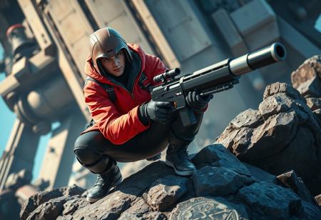 Cinematic Photorealism: A highly realistic cinematic photograph of a male cosplayer embodying an Overwatch character. He wears a vibrant red jacket and black pants. A detailed brown helmet covers his head. He is actively crouching on a rugged, rocky outcropping, holding a large, formidable black gun with a gleaming silver barrel, poised for immediate action. The background features a massive, imposing structure hinting at an iconic game location. The lighting is dramatic, casting sharp shadows and highlighting textures. His pose conveys alertness and readiness. The image captures the intensity and adventure of the game world. High-res, 4K, Exceptional Quality, More Detail, Lifelike Details, Super Detailed Face and Eyes and Clothes, Handcrafted with Precision, High Quality, Sharp Lines and Brush Strokes, Stunning Colors, Harmonious Colors, Multi Colored, Contemporary Aesthetics, Beautiful Matte Painting, Impeccable Composition, Creative Angle, Attractive Background, Balanced Editing, Intentional Focus, Well-timed Moment, Isometric, Dynamic Action Pose, Captivating Lighting, Grammer Effect Style, Splash Ink Illustration, Octane Render, Unreal Engine 5, Raphael Style, Houdini Style, Vivid Emotions, Joyful Impact, Powerful Message, Beautiful Detailed Eyes, CGSociety, Artstation Trending on ArtstationHQ, Golden Ratio.