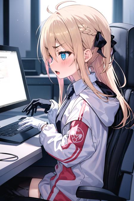 <lora:96mimo414:1>, 1girl, jacket, gloves, bangs, 1boy, twintails, blush, shirt, fang, monitor, chair, hood, sitting, necktie, profile, pants, ribbon, sidelocks, virtual youtuber, blue eyes, blonde hair, open mouth, black jacket, white gloves, hair between eyes, long sleeves, blue jacket, white shirt, v-shaped eyebrows, black ribbon, open jacket, collared shirt, keyboard \(computer\), open clothes, hair ribbon, long hair