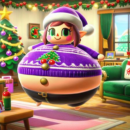 elf cherry, animal crossing, female, purple santa sweater, christmas, , green eyes, hat, pointy ears, christmas tree, table, indoors, 1girl, living room, inflating, helium tank, (floating), spherical inflation, breast expansion, puffed arms, puffed legs
