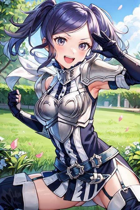 <lora:Cynthia:0.8>,smile,open mouth,Large number of petals dancing in the wind,spread legs,cynthia,dynamic pose,fighting stance, blue hair,twintails,thighhighs, gloves, armor, short dress, boots,thigh boots, dress,elbow gloves, zettai ryouiki,breastplate, shoulder armor, belt, garter straps,garden,(masterpiece, best quality, ultra-detailed, best shadow)