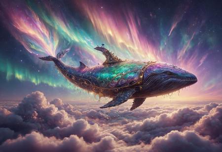 morph-aurora, aidmamj6.1 
floating steampunk whale covered in aurora scales, drifting through pastel-colored clouds, gold mechanisms and stardust trails








