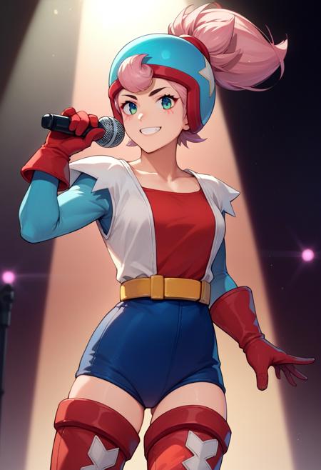 bsjanet, ponytail helmet, multicolored clothes, blue leotard, long sleeves, red gloves, thigh boots, belt