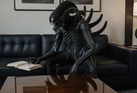 masterpiece, best quality, realstic photo, a xenomorph sit with legs crossed on the couch, reads a book, BREAK, luxury room,