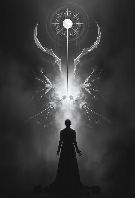 Back and face your distant destiny,, dark surrealism, monochromatic tones, mystical symbols, abstract forms, intense shadows, atmospheric textures, haunting figures, spiritual themes, minimalist compositions, introspective mood, ethereal glow, ritualistic elements, psychological depth, existential undertones, ghostly presence