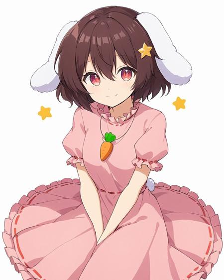 inaba tewi,1girl, rabbit, solo, looking_at_viewer, white_background, simple_background, carrot_necklace, pink_dress, seiza, :3, puffy_short_sleeves, hands_on_lap, frilled_dress, frilled_sleeves, animal, smile
<lora:inaba_tewi_image5751_2023-12-14-000008:1>,star-shaped_pupils,symbol-shaped_pupils,. gorgeous,key visual, vibrant, studio anime,award-winning, professional, highly detailed,high budget, cinemascope