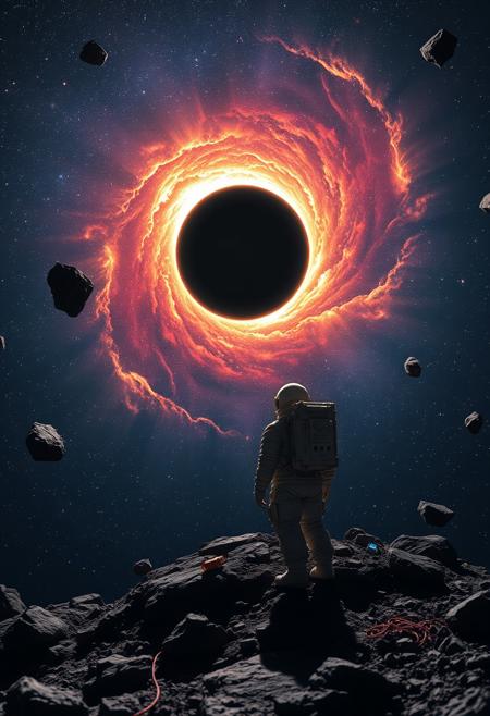 a stunning cosmic scene with a vibrant event horizon of a black hole at the center, surrounded by stars against the dark backdrop of space. In the foreground, there are floating rocks and debris. On a rocky surface in the lower part of the image, an astronaut is looking towards the blackhole. The astronaut is accompanied by various pieces of equipment and technology scattered around.