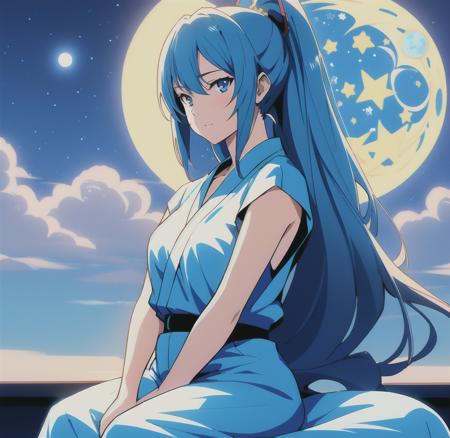 Niji style,day,anime coloring,cell shading,masterpiece, best quality,detailed,cinematic composition, cinematic lighting,1girl,solo,star,moon ,blue theme1girl,sitting,from the side