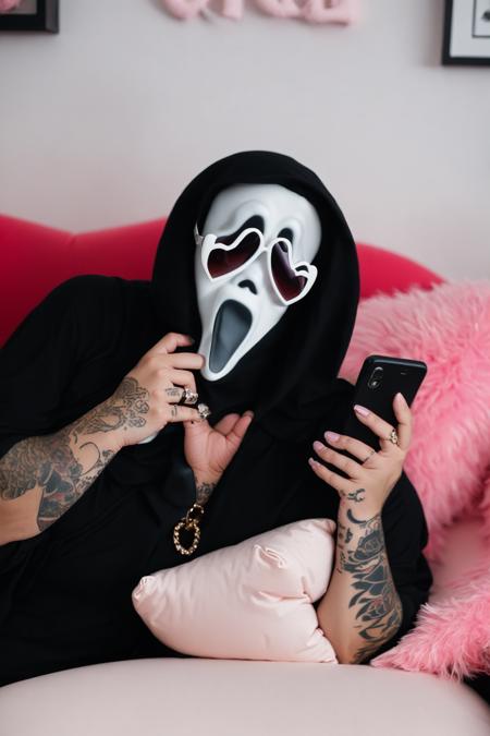 Ghostface Baller,  solo,  black hair,  1boy,  holding,  jewelry,  sitting,  male focus,  heart,  pillow,  tattoo,  mask,  phone,  sunglasses,  ring,  couch,  holding phone,  arm tattoo,  heart-shaped eyewear, <lora:EMS-44589-EMS:1.000000>