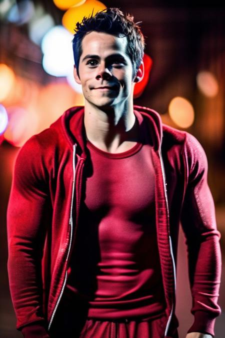 Dylan O'Brien a man <lora:Dylan-O-Brien:0.8>, realistic photo in a worn ((skin-revealing skimpy erotic red tracksuit, massive hairy pecs)), big pecs, big arms, bulge, VPL, ((light bokeh)), intricate, (steel metal [rust]), elegant, erotic, exuding sexual energy, homoerotic, sharp focus, photo by greg rutkowski, soft lighting, vibrant colors, (masterpiece), ((streets)), (detailed face), looking at viewer, light smile, night, walking towards viewer, cinematic lighting, beautiful lighting, cinematic lighting, (hazy filter, film grain:1.2)