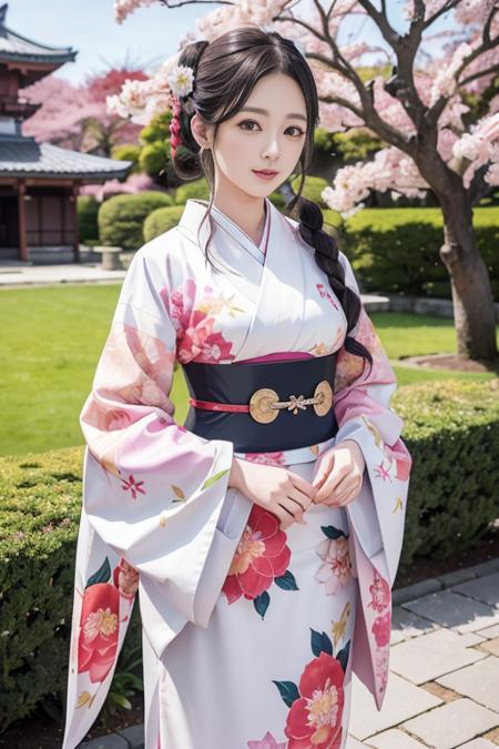 japanese woman in japanese castle park, cute kimono outfit, masterpiece, best quality, official art, unity 8k wallpaper, ultra detailed, beautiful and aesthetic, beautiful, 1girl, kawaii_asian:0.2,  <lora:realistic_kimono_clothes:0.2>