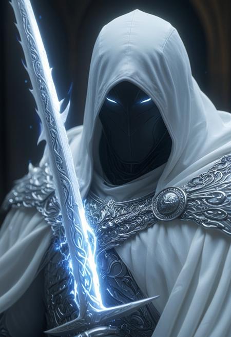 A closeup of fantastical image of a moon knight, clad in flowing, flowing robes, wielding an ornate, ornate blade. Their eyes are filled with power and determination, as they wield the sword in a fluid, dynamic motion. The moon's reflection highlights their magical power, easynegative, extremely detailed, hkstyle, SilverPulse