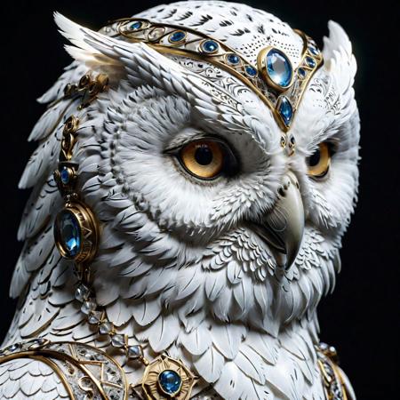 anthropomorphic profile of the white snow owl Crystal priestess , art deco painting, pretty and expressive eyes, ornate costume, mythical, ethereal, intricate, elaborate, hyperrealism, hyper detailed, 3D, 8K, Ultra Realistic, high octane, ultra resolution, amazing detail, perfection, In frame, photorealistic, cinematic lighting, visual clarity, shading , Lumen Reflections, Super-Resolution, gigapixel, color grading, retouch, enhanced, PBR, Blender, V-ray, Procreate, zBrush, Unreal Engine 5, cinematic, volumetric, dramatic, neon lighting, wide angle lens ,no digital painting blur