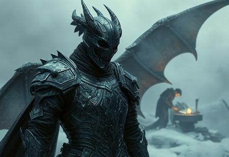 "Create a highly detailed, lifelike digital painting of a Headless Knight on a Freezing Point, with infinity blade armor and Black Rose Dragon features, inspired by DND and concept art from artists like Artgerm, Greg Rutkowski, and Alphonse Mucha. Incorporate anatomic details, a black shirt underneath the armor, and a blacksmith in the background. The style should resemble a smooth and sharp illustration, rendered with Octane or Unreal Engine, and showcasing a grainy, muted color palette, aiming for the golden ratio in composition. Desired output is HD, suitable for Artstation and a cinematic reveal, with a space camera footage feel."