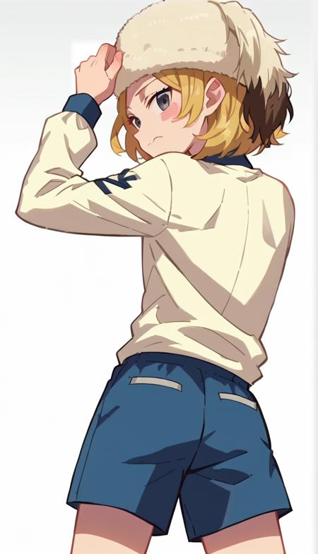 juka, blonde hair, hat, grey eyes, pink cheeks long sleeves, white shirt, blue shorts