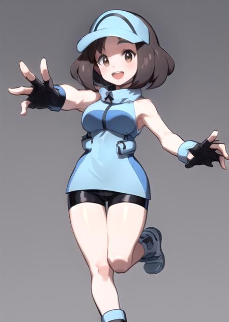 <lora:SMAce:0.7> SMAce, 1girl, solo, breasts, smile, open mouth, bangs, gloves, dress, holding, standing, full body, :d, boots, shoes, shorts, teeth, sleeveless, black gloves, fingerless gloves, sleeveless dress, blue dress, upper teeth only, black shorts, leg up, white footwear, standing on one leg, outstretched arm, bike shorts, blue headwear, blue footwear, poke ball, visor cap, holding poke ball, zipper pull tab, shorts under dress, ultra ball