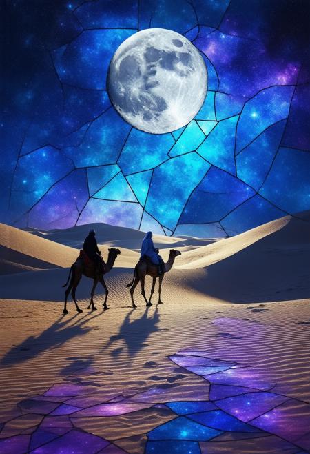 Imagine a surreal, Cubist interpretation of a Tuareg caravan crossing the Sahara Desert at night, fractured into stained-glass panels illuminated by the moon and a distant constellation. The camels, tents, and riders are rendered as overlapping geometric shapes, displaying a spectrum of deep blues, purples, and silvers. The vastness of the desert sky is a swirl of shimmering particles and intensely bright stars. Photorealistic elements are focused on the texture of the camel's fur and the subtle differences in the sand dunes, contrasting sharply with the abstract, fragmented landscape. The overall composition emphasizes the resilience of the Tuareg people and the stark beauty of the Sahara. Render in 8k resolution, employing volumetric lighting and subtle chromatic aberration to enhance the otherworldly quality and evoke a sense of timelessness.