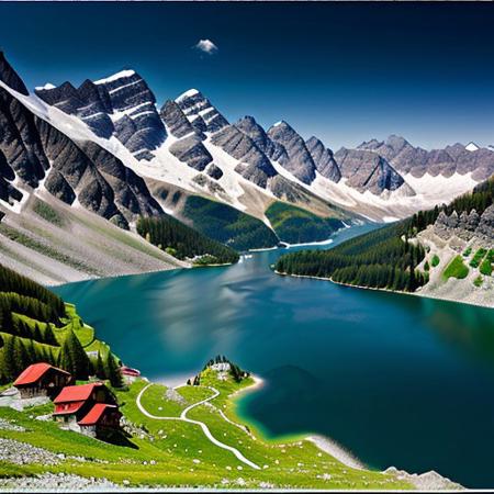 mountain, lake, clear water, best quality, alpine mountains, mountain village, photorealistic, realism,