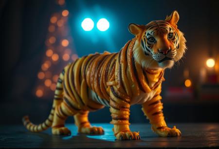 tigre formado por patatas fritas, colores vibrantes, aspecto tranquilo,  fondo oscuro, primer plano, iluminacion derecha, cuerpo de patatas, cortadas, rodajas, sentado mirando a la camara, fotografia cinematografica.