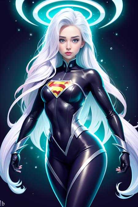 icestyle  <lora:icestyle_model:0.8> Kathryn Love Newton:0.6, 1girl, solo, very long hair, black eyes, dynamic pose, masterpiece, absurdres, perfect anatomy, Superman's uniform:1.1, Moderate hips, cinematic lighting, 8k, best quality,bust body