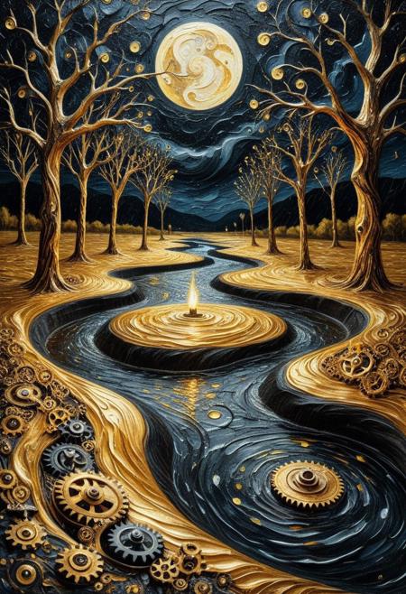 g3ars, 8k, Raw digital photo, natural lighting, surreal horror golden landscape in Van Gogh's swirling (thick brushstrokes: 1.5), twisted black night sky, river made of water drop, drops with distorted reflections of white crescent moon, made out of gears, twisted water drop trees, cracked ground, (thick impasto oil textures: 1.5), no people, positive atmosphere, post-impressionist nightscene, emotional intensity, 4K, detailed, full body, masterpiece, best quality, amazing quality, very aesthetic, made out of gears, professional, 4k, highly detailed, dark background, made out of gears lazypos