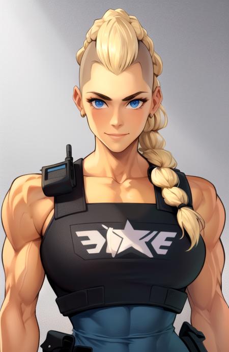 masterpiece, best quality, 1girl, solo, mature female, detailed face, braid, policewoman, looking at viewer, smile, muscular female, cartoon, (realistic)