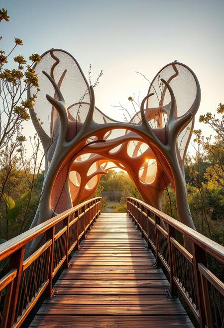 A small quiet wooden bridge captured in soft golden light, sculptural architecture meets botanical illustration, organic structural design with naturalist detailing, biomorphic forms inspired by insects and plants, intricate surface textures, nature-driven engineering, architectural storytelling through metamorphosis, vivid scientific aesthetics merged with contemporary form, kinetic elements reflecting biological cycles, delicate linework fused with bold materials, ecological symbolism, fluid geometry with entomological motifs, garden-inspired public spaces, human interaction with illustrated natural systems, architectural sculpture infused with botanical precision