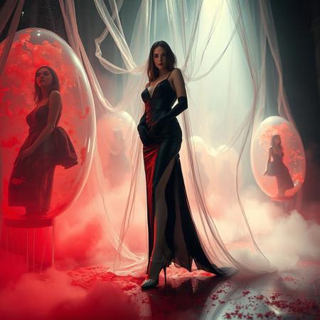 noble norvegian femme fatal lady  posing standing wearing evening GLOSSY THIN black slime high slit gown, GLOVES  and high heels,   entrapped in  giant long waving  ultrathin transparent fisnet veils, surrounded by  red and white fog from the floor, captured in light beam from celling,  giant slime covered transparent eggs  with encased ladies at background, breeding chamber,  ultrathin waisT, HORROR,  reminiscent of H.R. Giger, Zdzisław Beksinski, and Ash Thorp's dark, sleek styles, with close-up glamour photography, glossy satin and silver heels glistening, fleshy slime dripping, and dark shadows.