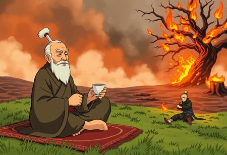 On the front  we can see uncle iroh savouring a cup of tea and sitting on carpet on a patch of green grass. He has is eyes closed with a face of delight.
In the background we can see zuko on the ground struggling,while fire lord ozai charges a fire ball,
The background is made of scorch earth, smoke and a tree is on fire