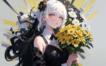 (best quality, masterpiece), (1girl, solo, black suit, standing , looking at viewer, white hair, yellow eyes, closed mouth, upper body), (Monochrome, giant black bouquet background, floral_background)