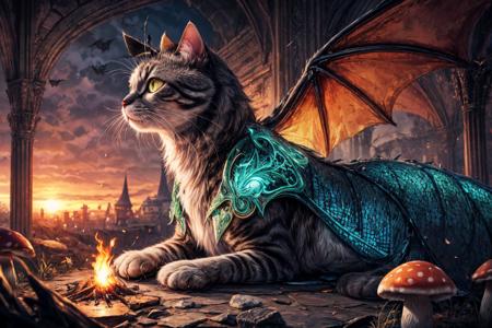 (RAW photo, 8k uhd, Analog style, Masterpiece, Best Quality, Highres:1.4), (dramatic, cinematic:1.2), BREAK,
movie shot of hyperdetailed (cat headed:1.35) (dragon:1.3), ((dragon:cat:0.77):1.15), (glowing:1.2) (scales:1.1), (tail:1.0), golden eyes, green (armor:1.25), lying in the detailed ((magic:1.1) forest:1.1), (castle ruins:1.32), (overgrown:1.2), (hill:1.2), (roots:1.05), (mushrooms:1.27), (light particles:1.2), (glowing sparks:1.07), (green magic:1.1), (sunset:1.22), soft lighting, (campfire:1.03), (treasures:1.3), (from side:1.1), BREAK,
(photorealistic:1.2), (intricate:1.4), (light theme:1.4), (mysterious, fabulous, fantasy, mystical:1.3), (hyperdetailed, absurdres:1.2), (colorful:1.3), (no humans:1.4), (elegant:1.1), vertical pupils, (bat wings:1.2), (dragon wings, claws, spikes:1.15), (glowing ornament:1.2), (incredible, amazing, esoteric:1.2), BREAK,
<lora:more_details:1>,
<lora:zoom_slider_v1:2.38>