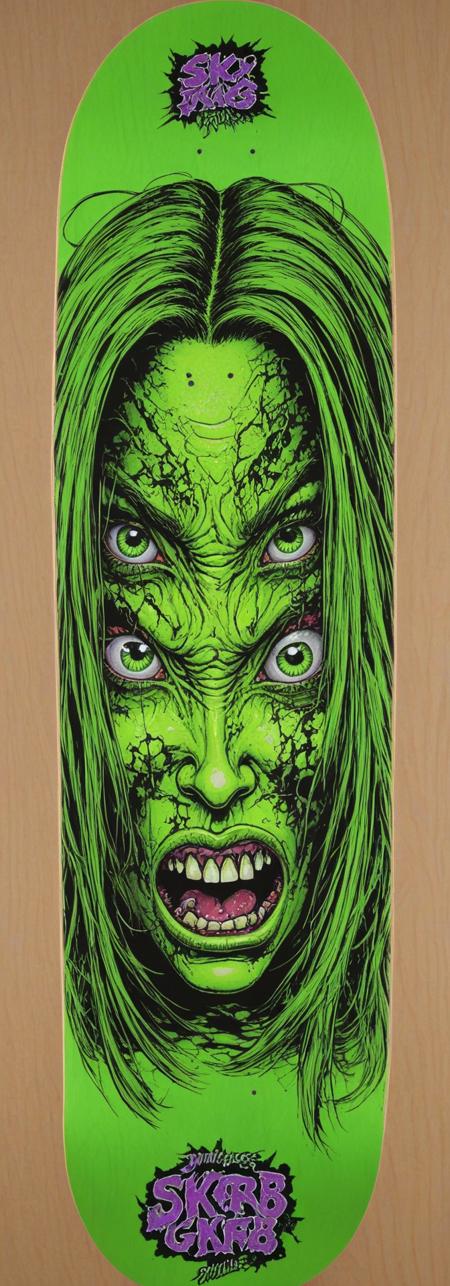 Jimbo Phillips Sk8 Art XL angry insane green goth girl face skateboard art <lora:Jimbo_Phillips_Sk8_Art_XL:1>