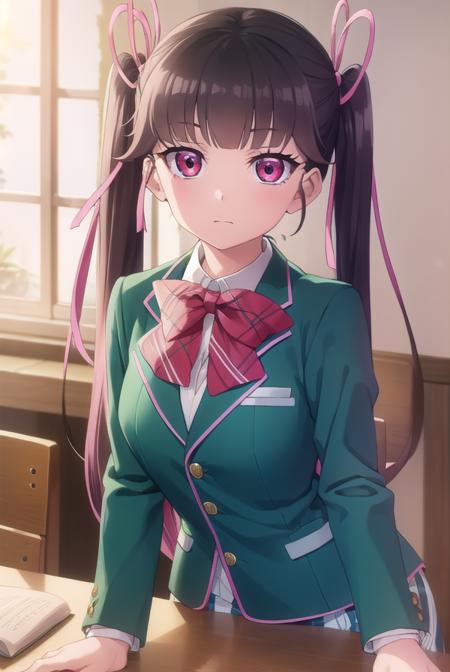 haruarisugawa, <lora:haru arisugawa s1-lora-nochekaiser:1>,
haru arisugawa, long hair, brown hair, ribbon, twintails, hair ribbon, (pink eyes:1.3),
BREAK bow, school uniform, jacket, green jacket,
BREAK indoors, classroom,
BREAK looking at viewer, (cowboy shot:1.5),
BREAK <lyco:GoodHands-beta2:1>, (masterpiece:1.2), best quality, high resolution, unity 8k wallpaper, (illustration:0.8), (beautiful detailed eyes:1.6), extremely detailed face, perfect lighting, extremely detailed CG, (perfect hands, perfect anatomy),