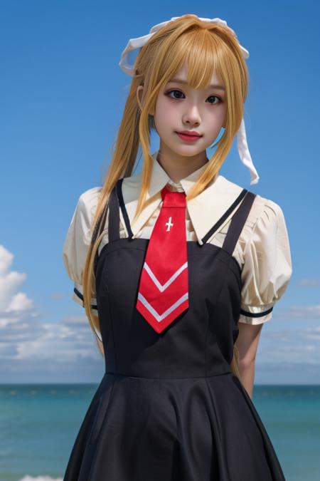 kamio misuzu school uniform, necktie, shirt,dress, short sleeves, sailor collar,  very long hair, blonde hair, ponytail, hair ribbon,