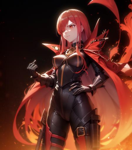 masterpiece, best quality, high resolution, MaouNobu, Maou bodyarmor, 1girl,  solo, (( fire)), standing, skull, red hair, breasts,
<lora:FateNobu:0.9>,