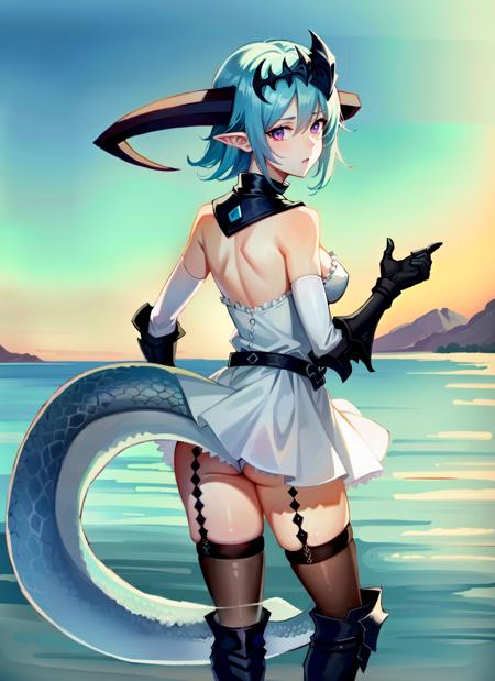 a beautiful masterpiece picture of a girl holding a weapon and glaring at the viewer, low angle,  1girl, standing, full body, on toes, holding, holding weapon, polearm, ((glaring)),  water drop, 1girl, garter straps, pointy ears, short hair, tail, (dragon tail), (ice tail), (her dragon tail is attached to her lower back), her tail is see-through, see-through transparent tail,  long tail, gauntlets, thighhighs,  short dress, white dress, dress, dragon girl, breasts, boots, blue flower, full body, ice, small breasts, elbow gloves, hair flower, hair between eyes, strapless, strapless dress, gloves, flower, purple eyes, bare shoulders, white skirt, headpiece, ((detached collar)),  hair ornament, bangs, thigh boots, knee boots, standing, armored boots, high heel boots, black legwear, circlet, horns, dragon horns,  arm guards, sidelocks, frills, frilled dress, belt, detached sleeves, light blue hair, ((single strap)), asymmetrical breastplate, cardiophylax, armor, black armor over one breast,  [[backless outfit]],  single garter strap, vambraces, tiara, thighhighs under boots,

zettai ryouiki, 

(ultra-detailed,  detailed clothing, intricate clothing, masterpiece,  highres, absurdres, best quality, detailed face, nose, beautiful face, accurate face, realistic face, cute face, stylized, illustration, perfect face,  cygames, realistic eyes, , wide hips, , empty eyes, high quality, realistic, textured, ambient lighting, cinematic lighting:1.2)


 (detailed eyes, expressive eyes, detailed face, expressive face), nose, thigh gap, 

<lora:FileneLoraOut:0.9>, ((outdoors, sky in background)),  ((from behind, ass:1.3)),