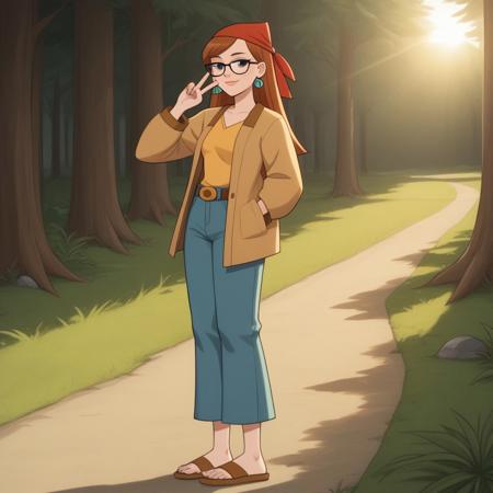 bandana, auburn hair, glasses, freckles, lips, peace symbol earrings, long sleeves, mini-jacket, long jeans, flip flops, total drama, miles_(\total_drama\), belt, black eyes