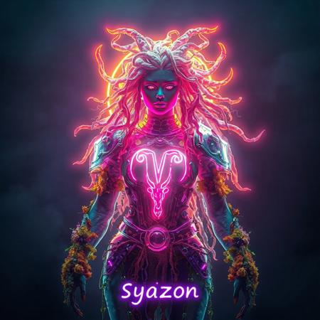 ansitions with the ethereal grace of the bioluminescent translucent fungus, Moss, and seaweed she embodies. Her body is adorned with a set of intricately crafted Bioluminescent translucent Virgo alexandrite colors zodiac armor, which casts a mesmerizing glow that outlines her form. The Virgo sign, prominent on her chest plate, pulses in vibrant neon colors, symbolizing her deep connection with the cosmos and the wisdom it holds. Her hair looks like Bioluminescent translucent roots, vines, fruit-steams, and wood Dreadlocks. Floating above her in majestic neon letters is her name, "Saraswati," illuminating the scene with an otherworldly presence. At the bottom of the picture, the word "kyōzon" is inscribed in neon colors, a subtle nod to the Japanese term for "hallucination," hinting at the surreal and fantastical nature of her existence. Her character sheet, displayed with 50 distinct and realistic fungi-based superpowers, adds a layer of depth and intrigue to her mystical aura. moody backdrop, contrasting with the vivid neon elements and emphasizing her as the focal point of the composition. The visual symphony of colors, textures, and forms come together to create a captivating portrayal of a powerful being that is both of this world and beyond it.