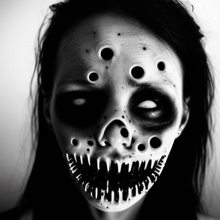 A woman her face full of holes, horror, DREAD, terrifying, dark