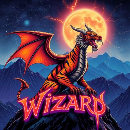 A tiger-striped dragon sitting on a mountain-top. Orange and black stripes.  Two horns.  Dragon Wings. Roaring.  Breathing fire.
Background mountains at night. Cosmic skyscape.  Synthwave colorscheme. Very realistic, fantasy illustration.
with the phrase "Wizard" emblazoned in 3D, intricate, lightning patterns, with a predominantly neon colors,