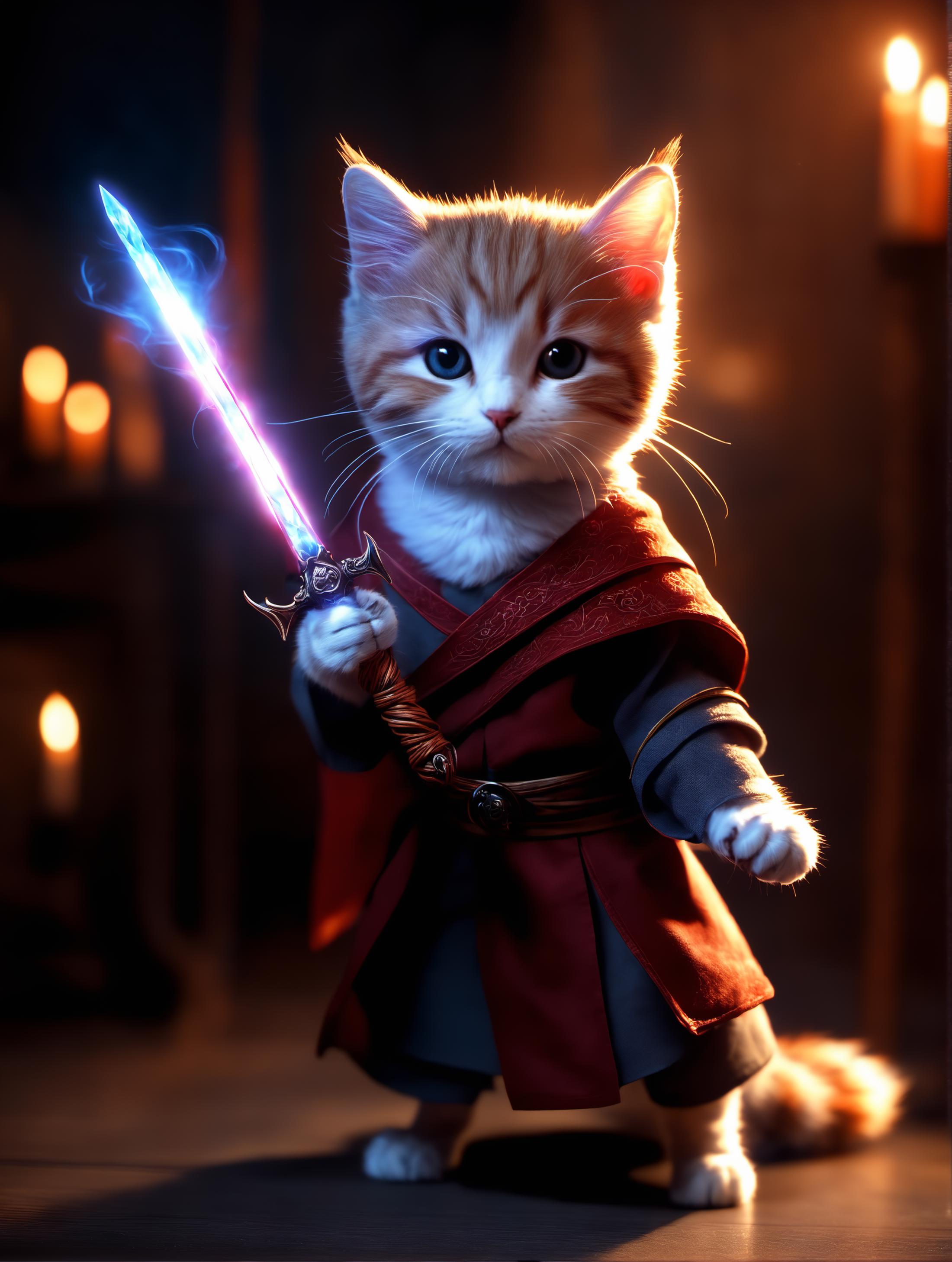 A tiny kitten holding a sword in a red robe.