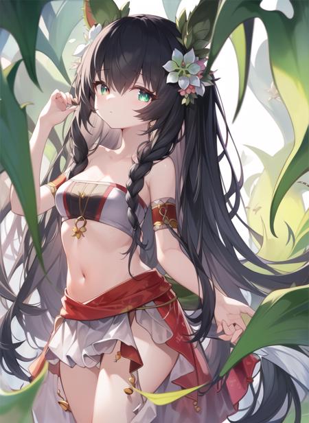 <lora:traptrixdionaea:0.7>traptrixdionaea,tail,navel, bare shoulders,hair ornament,Facing the camera,solo, 1girl,forest background,  masterpiece,solo,beautiful detailed eyes,finely detail,detailed face,vivid color,5 fingers,finely detailed,hyper detailed,detailed hand,8k,finely detailed beautiful eyes,high resolution illustration,best quality,