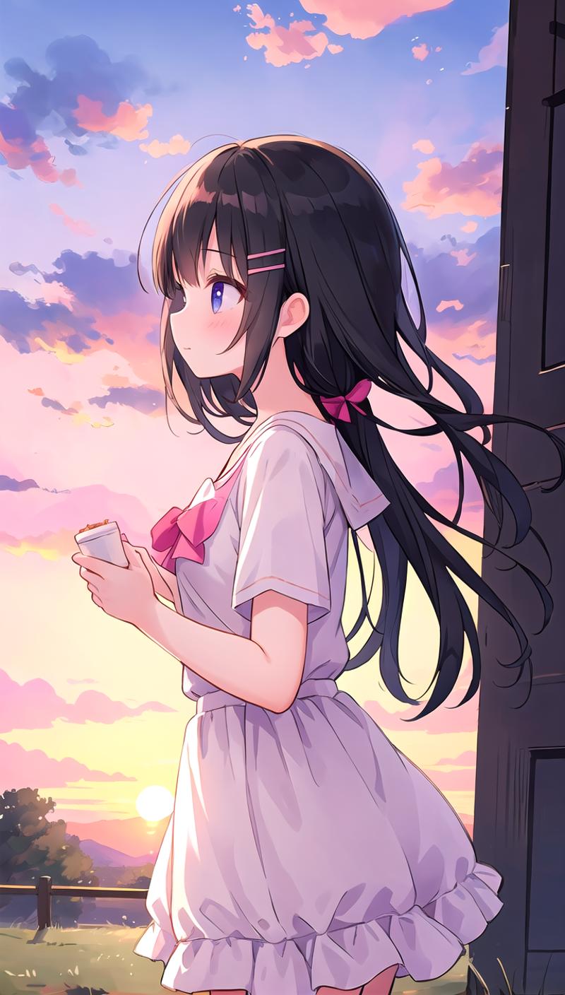 beautiful illustration, best quality, cute girl, (sunset), countryside, outdoor, casual clothes, from side, black hair, ci...