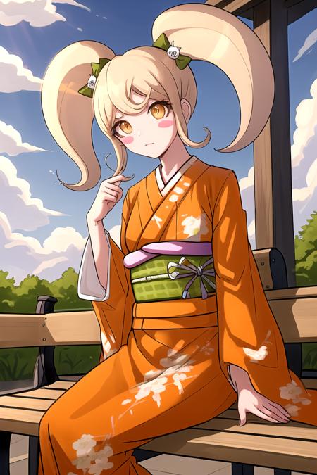 masterpiece, best quality, highres,  <lora:HiyokoDGv3:1>, 1girl, solo, HiyokoDG, cat hair ornament, (blush stickers), japanese clothes, kimono, hair ornament, bow, hair bow, obi, orange kimono, sash, long sleeves, wide sleeves, green bow, sky, outdoors,bench, sitting, clouds,