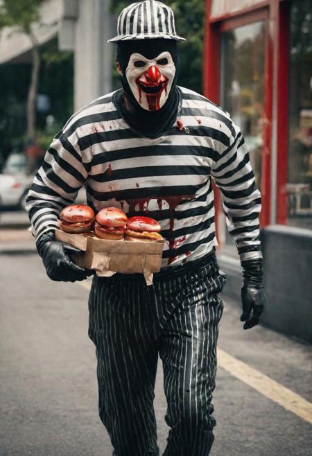 realistic photo of sweaty McDonald's character The Hamburglar as a real character, wearing a black and white striped shirt, blood, no face paint, (dystopian movie:1.22), film grain, sweaty face, extreme detailed face ,angry, as gore movie, gruesome:1.0, full body photo, running from police with a human hand between two burger buns