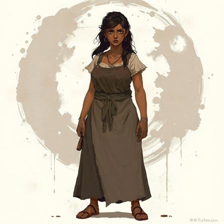 Highly detailed illustration, pixel art style inspired by old 1980s Japanese fantasy RPG covers. A strong, earthy woman stands proudly, centered against a background of parchment white and faint ink stains. She is 1.65m tall but her posture adds invisible height, her weight anchored like a tree planted by force of will. Her skin is rich toasted cinnamon, with a natural sheen of work and vitality. She has a full, firm body shaped by a lifetime of rural labor: wide hips, thick strong thighs, a solid, generous bust (but not exaggerated or caricatured), a firm belly, and powerful arms. She radiates vitality, resilience, and warmth. Her hair is dark brown, falling in untamed waves to her shoulders, loosely tied but wild. Her face is expressive, with full lips, fierce dark coffee eyes, and eyebrows that suggest she is always ready to laugh, judge, or fight. She wears simple, functional clothing: thick wool skirts, linen shirts, and aprons, in muted earthy colors (grays, ochres, faded greens). Hands roughened from work but graceful. She does not pose for beauty; she stands with the gravity of land that has survived storms. Her expression says "I know more than you think." The atmosphere is rustic, powerful, organic, raw. Lighting is soft and dusty, colors are muted and aged, no shiny modern colors. The whole scene evokes the smell of woodfire, fresh bread, and hard-earned peace. The focus is on dignity, strength, femininity rooted in reality, not fantasy idealization.