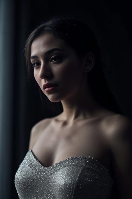 low key, dark studio, extreme pale colors, very naturally beautiful face, beautiful intensive eyes, wearing only a classical oldschool nightdress, she performs a emotional and passionate expression dance in style from Pina Bausch wuppertal dance company, on a lonely theater stage, sexy young beautiful model , highly contrentaed to the classical music, Dewy skin with completeley no makeup, single braid black hair , Silver beaded bracelet, shot with arri studio camera, light_particles, cinematic, dynamic_angle,