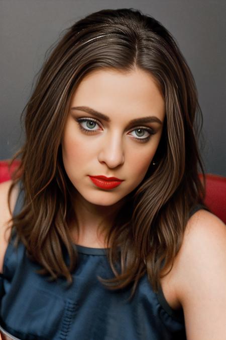 a realistic photograph of beautiful (RB100m:1.1) woman sitting on a couch,wearing a (gray dress),facing the viewer,portrait,(perfect long hair),(red lipstick),simple background,rich details,hyper realistic,intense,highly detailed,face_focus,looking_at_viewer,PA7_Portrait-MS,<lora:RB100m_05B-000004:0.9>,